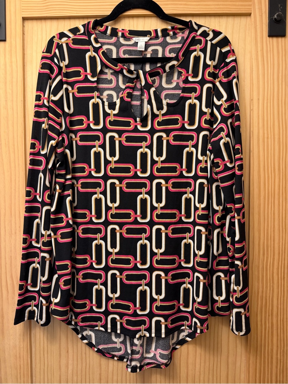 Cato Black Long-Sleeve Top with Pink and Cream Chain Print